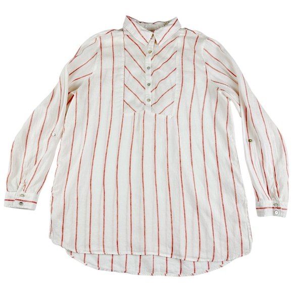 C & C California Tops - Women's C & C California Striped 100% Linen Shirt Size XL White Coral Pink
